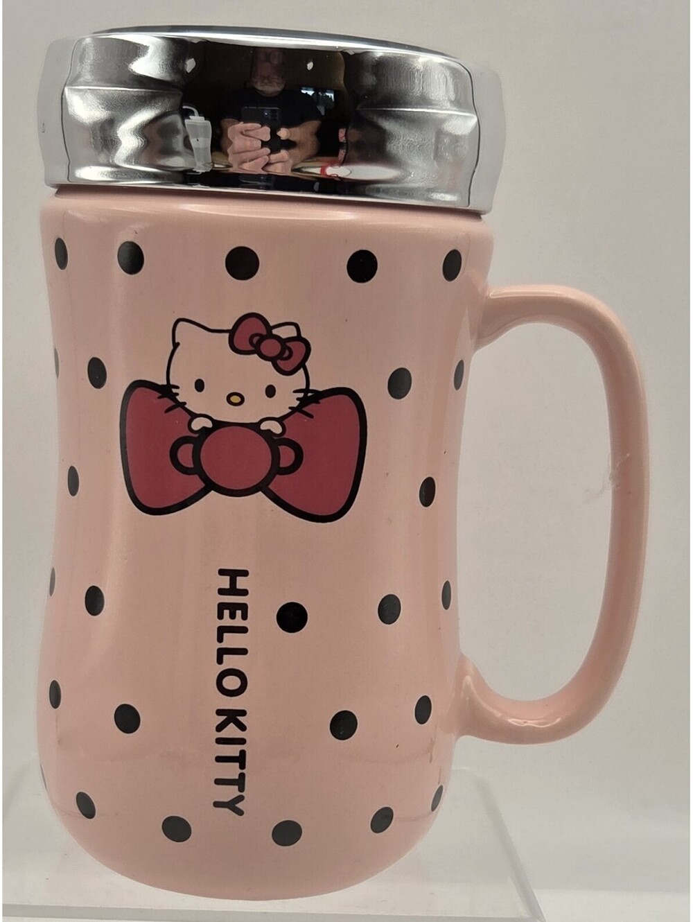 Hello Kitty Pink Black Polka Dot Ceramic Travel Mug Silver Lid Sanrio
